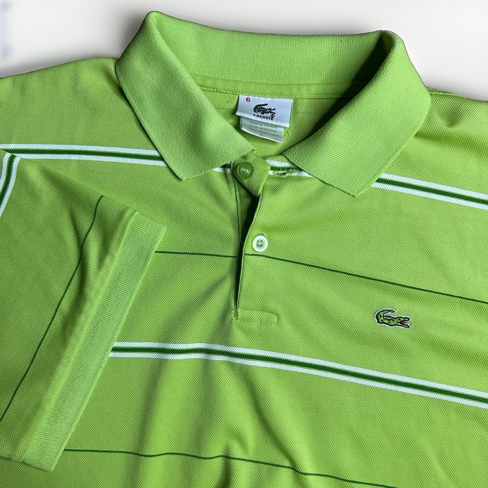 Vintage Lacoste Polo Shirt Mens XL/6 Lime Green Striped Made in Frace Preppy 90s